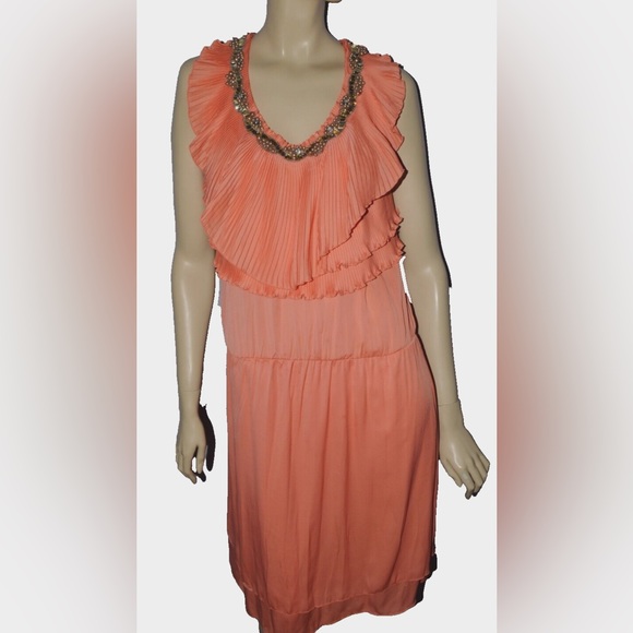 ROBBI & NIKKI SZ S SMALL ORANGE CORAL PLEATED RUFFLES BEADS DRESS KNEE LENGTH - Picture 4 of 7